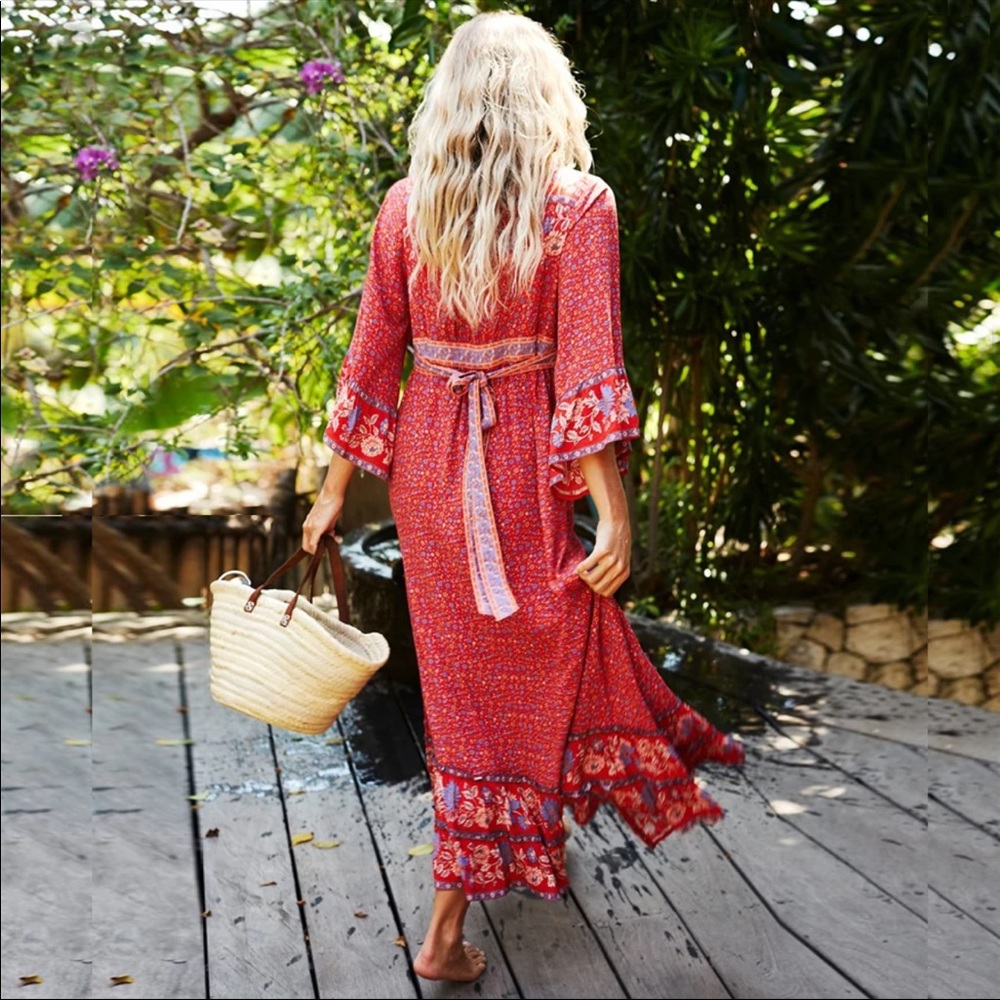 Red Boho Floral Gypsy Print Maxi Dress Kimono - Picture 4 of 11